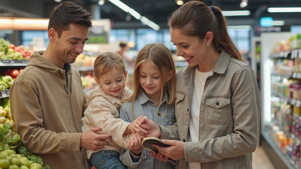 Семья выбирает продукты в супермаркете, сравнивая цены и читая этикетки товаров