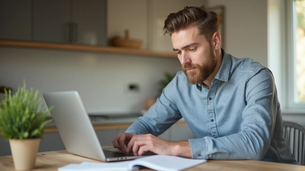 Человек анализирует расходы и платежи на экране ноутбука в кухне