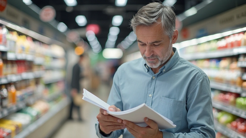 Профессиональное фото человека, проверяющего список покупок в магазине с товарами в корзине