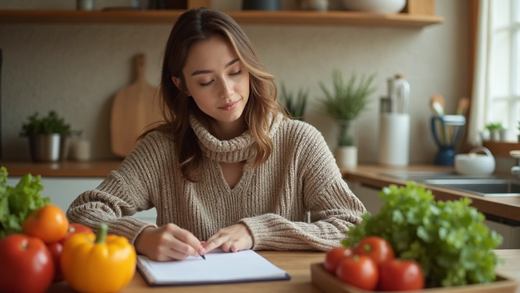 Женщина планирует меню и составляет список покупок за письменным столом с блокнотом и продуктами