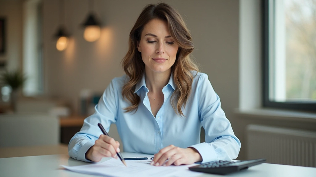 Женщина анализирует домашний бюджет за письменным столом с документами и калькулятором