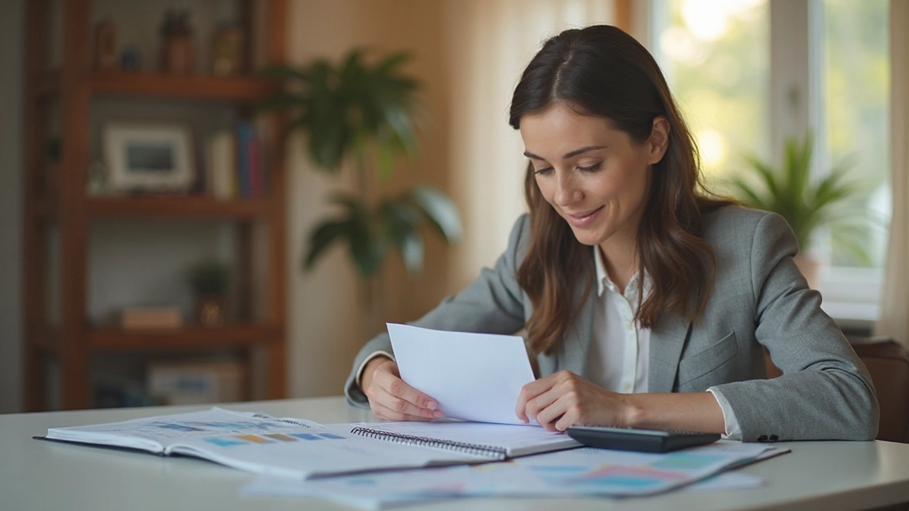 Женщина планирует семейный бюджет с помощью таблицы и калькулятора